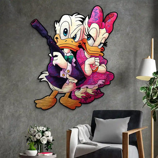 Buntes Wandbild mit zwei comicartigen Enten im modernen Wohnzimmer, Pop Art Stil