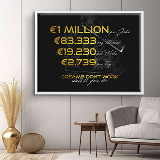Motivationsbild mit goldener Schrift, Geldscheinen und inspirierendem Spruch im modernen Wohnzimmer.