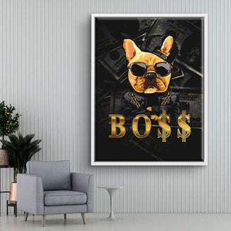 Modernes Wandbild mit Bulldogge in Sonnenbrille, Kette und Gold-Schriftzug BOSS, Pop Art Stil