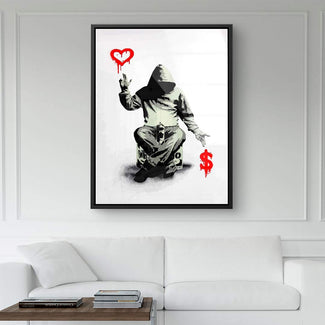 Modernes Wandbild mit Kapuzenfigur, rotem Herz und Dollarzeichen im Streetart-Stil