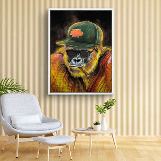 Modernes Wandbild mit Gorilla mit Sonnenbrille, Cap und Zigarre im Wohnzimmer, Pop Art Stil