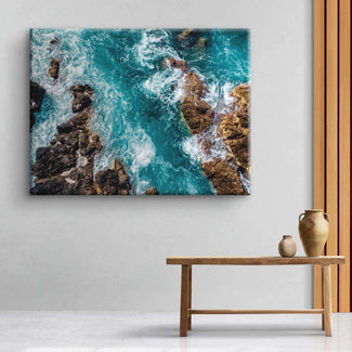 Leinwandbild mit Luftaufnahme von türkisblauem Meer und Felsen, moderne Wanddekoration
