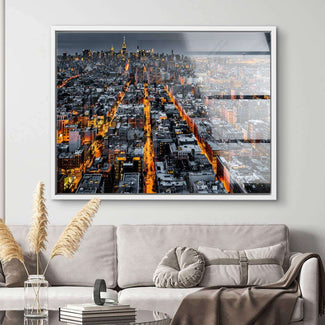 Modernes Wandbild auf Leinwand mit beleuchteter Skyline von New York, Wohnzimmer Dekoration