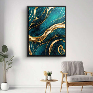 Abstraktes Wandbild mit goldenen und blauen Wirbeln, Leinwandbild im modernen Wohnzimmer