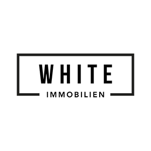 Schwarzes minimalistisches Logo mit dem Text "White Immobilien" im weißen Rahmen