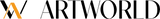 Modernes Artworld Logo mit orangenem abstraktem A auf schwarzem Schriftzug, minimalistisches Design