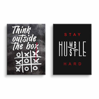 Modernes Motivationsbild-Bundle mit Sprüchen 'Think outside the box' und 'Stay humble hustle hard' auf Leinwand, ideal als Wanddekoration fürs Büro.