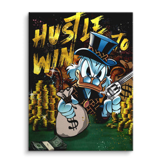 Comic-Ente im Anzug, mit Geldsack und Revolver vor Goldmünzen, Motivationsbild mit Text Hustle to Win