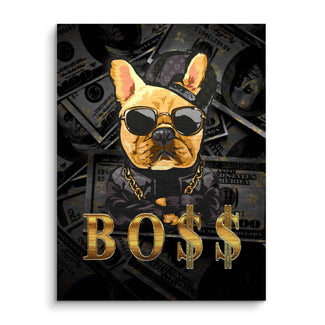 Französische Bulldogge mit Sonnenbrille und Goldkette vor Dollar-Scheinen, Boss Schriftzug
