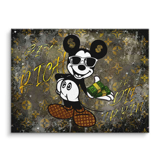 Pop Art Leinwandbild Comic-Maus mit Sonnenbrille, Geldbündel und Spruch Get Rich