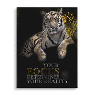 Motivationsbild Tiger Fokus auf Leinwand, moderner Tiger mit Text, Wandbild