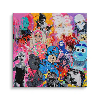 Buntes Wandbild auf Leinwand mit Pop Art Figuren, Comics, Fashion und Teddybär Motiv.