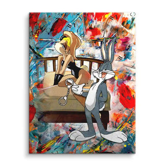 Modernes Pop-Art Wandbild mit zwei Comic-Hasen vor buntem, abstraktem Hintergrund