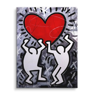 Modernes Wandbild mit zwei stilisierten Figuren, die ein großes rotes Herz halten, Graffiti-Stil