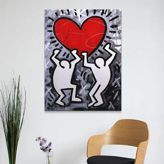 Modernes Wandbild mit zwei stilisierten Figuren und rotem Herz im Pop Art Stil, Wohnzimmerdeko
