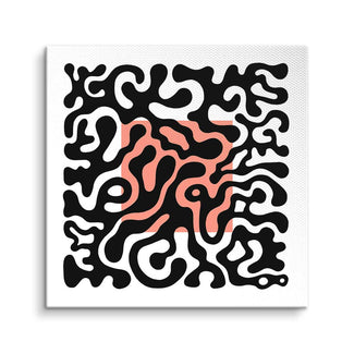 Modernes Wandbild mit abstrakten schwarzen Linien auf weißer Leinwand und rotem Quadrat