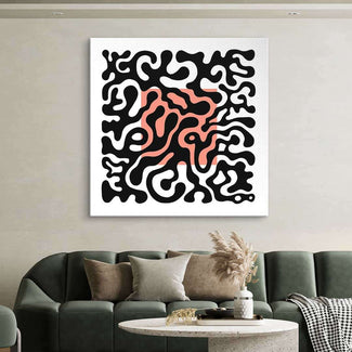 Abstraktes Wandbild mit schwarzen geschwungenen Linien und roten Akzenten auf weißem Hintergrund, moderne Wohnzimmerdeko.