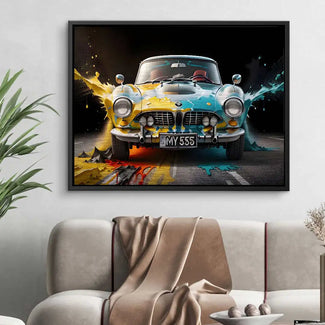 Wandbild mit klassischem BMW, bunte Farbspritzer, modernes Wohnzimmer, Auto Kunst