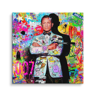 Pop Art Wandbild mit James Bond, bunter Graffiti-Hintergrund, moderne Kunst auf Leinwand
