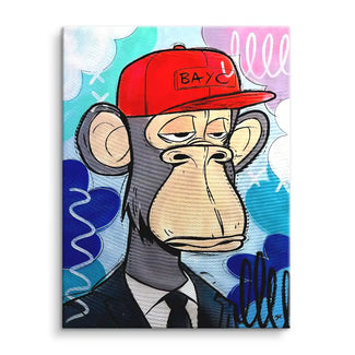 Wandbild im Pop Art Stil mit gelangweilter Comic-Affe in roter Kappe und Anzug, bunter Hintergrund