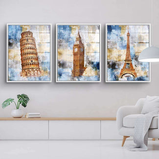 Wandbilder-Set mit schiefer Turm von Pisa, Big Ben und Eiffelturm in modernem Wohnzimmer