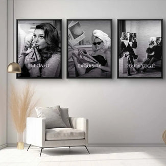 Schwarzweiß Wandbild-Set mit stilvollen Retro Fashion Motiven in modernem Wohnzimmer