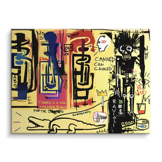 Pop Art Wandbild auf Leinwand mit gelbem Hintergrund, abstrakten Figuren, Skelett und Graffiti-Elementen