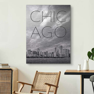 Modernes Wandbild mit Chicago Skyline in Schwarz-Weiß, Schriftzug CHICAGO, Wohnzimmerdeko