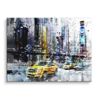 Moderne Collage-Wandbild mit New York Skyline, gelben Taxis und bunten Kunstakzenten