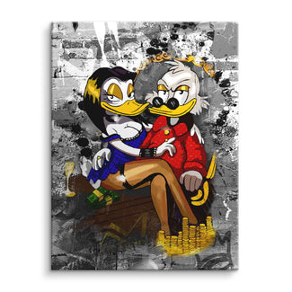 Comic Wandbild mit zwei Entenfiguren im Pop Art Stil, Geldscheine und Goldmünzen, Graffiti-Hintergrund