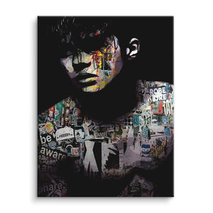 Modernes Wandbild mit Porträt, buntes Street-Art Design auf dunklem Hintergrund, Collage-Stil
