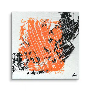 Abstraktes Wandbild mit orangefarbenem und schwarzem Farbfeld auf weißer Leinwand, moderne Kunst