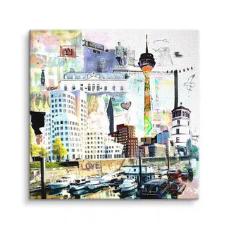 Modernes Wandbild Düsseldorf Skyline mit Rheinturm, Gehry-Bauten und Medienhafen am Tag