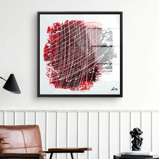 Modernes abstraktes Wandbild in Rot, Weiß und Schwarz mit Linienmuster, Wohnzimmer-Deko