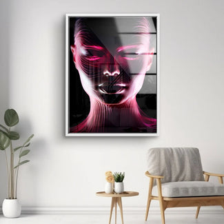 Modernes Wandbild mit abstraktem Gesicht, leuchtende Linien in Pink auf dunklem Hintergrund, Wohnzimmer