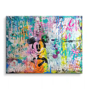 Buntes Wandbild im Streetart-Stil mit Comicfigur und modernen Graffiti-Elementen auf Leinwand