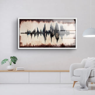 Modernes Wandbild mit abstraktem Soundwave-Motiv in Schwarz und Braun, stilvoll im Wohnzimmer