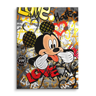 Graffiti Pop Art Leinwand mit frecher Comic-Maus, buntem LOVE-Schriftzug und Streetart-Elementen
