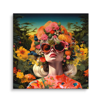 Kunstvolles Wandbild Frau mit Blumenkrone, Sonnenbrille und buntem Blumenmuster, Gartenmotiv