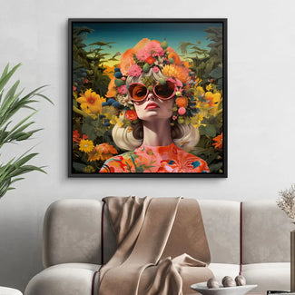 Modernes Wandbild mit Frau im Blumenmeer, bunter Blumenkopfschmuck und Sonnenbrille