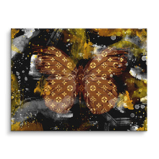 Wandbild mit gold-braunem Schmetterling auf abstraktem schwarz-gelbem Hintergrund