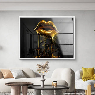 Modernes Wandbild mit goldenen Lippen im Wohnzimmer, abstrakte Kunst in Schwarz und Gold