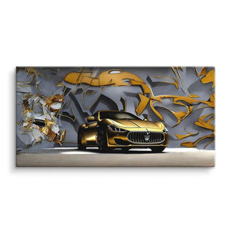 Wandbild mit goldenem Maserati vor abstraktem, gold-grauem Hintergrund auf Leinwand