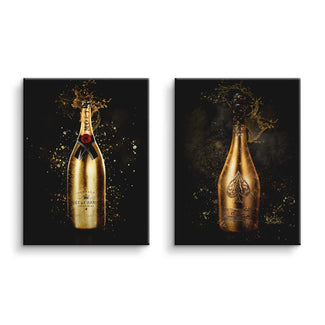 Modernes Wandbild mit goldenen Champagnerflaschen auf schwarzem Hintergrund, Pop Art Stil
