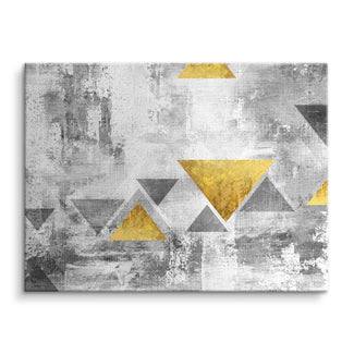Abstraktes Wandbild mit goldenen und grauen Dreiecken auf weiß-grauem Hintergrund, Leinwand