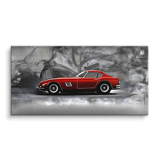 Wandbild mit rotem Oldtimer Sportwagen vor grauem abstraktem Hintergrund, moderne Kunst