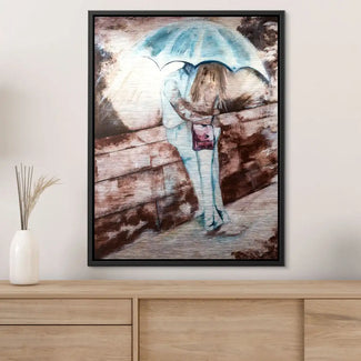 Modernes Wandbild mit Paar unter blauem Regenschirm, romantische Kunst für Wohnzimmer