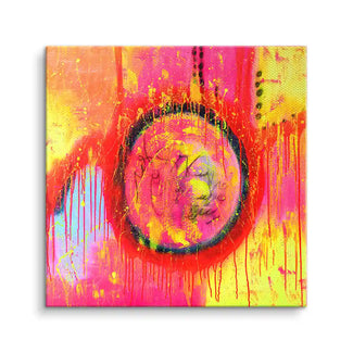 Abstraktes Wandbild mit leuchtenden Farben, Kreisen und Farbspritzern auf Leinwand