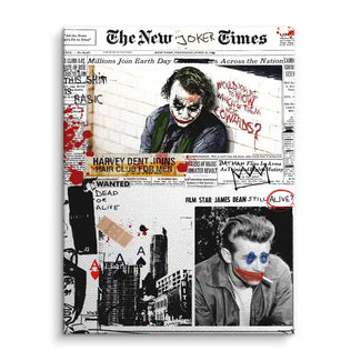 Modernes Wandbild mit Joker-Motiv im Zeitungsstil, Pop Art, Graffiti-Elemente, Leinwandkunst