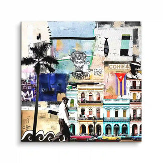 Buntes Wandbild Collage La Habana mit Oldtimern, kolonialen Gebäuden und Palmen, Kuba Kunst auf Leinwand.